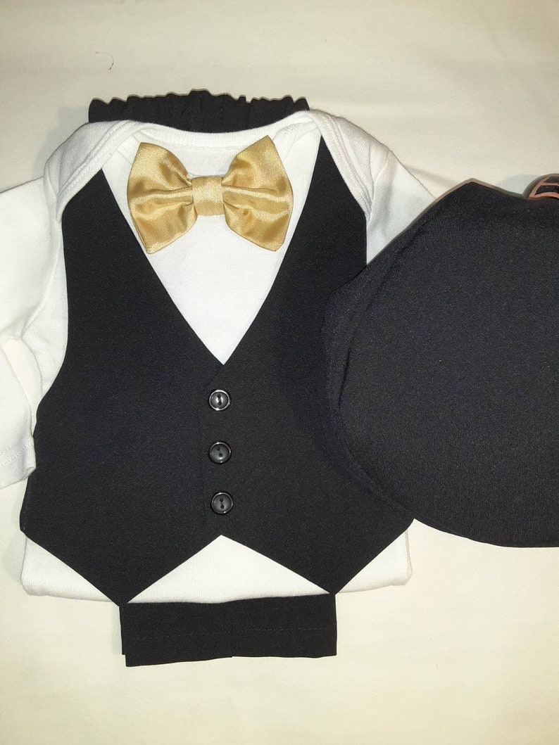 Baby Wedding Outfit Tux Black Baby Suit Tux Carter'sBodysuit Vest Pants Burgundy BowTie ANY Color BowTie Newb-24mo. Add Hat USA BabyCuteBaby image 8