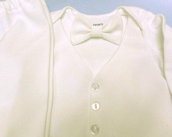 Christening Outfit Baby Boy Baptism Suit White Matte Texture Bridal Satin Fabric Bodysuit Vest Bow Tie&Pants Wedding Blessing Newborn-24 mo.