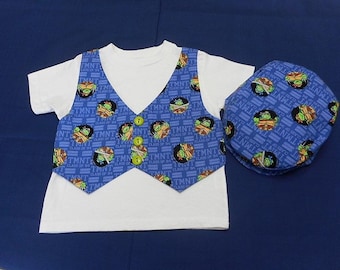 T Shirt Vest Bow Tie   Ninja Turtles Vest -OR ANY FABRIC- Vest on a White T Shirt- Short or Long Sleeve Size 2/3 yr-4/5 yr   add Hat-.