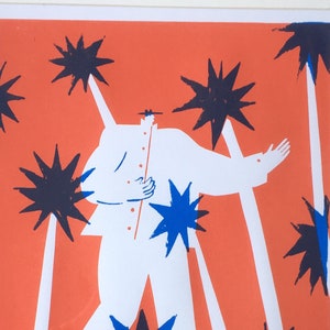 A3 2 colour screenprint poster of a giant finding his way through the palm trees