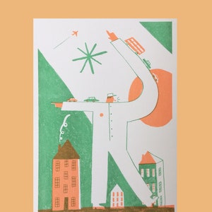 A3 signed risograph print poster of police officer directing cars and buses.