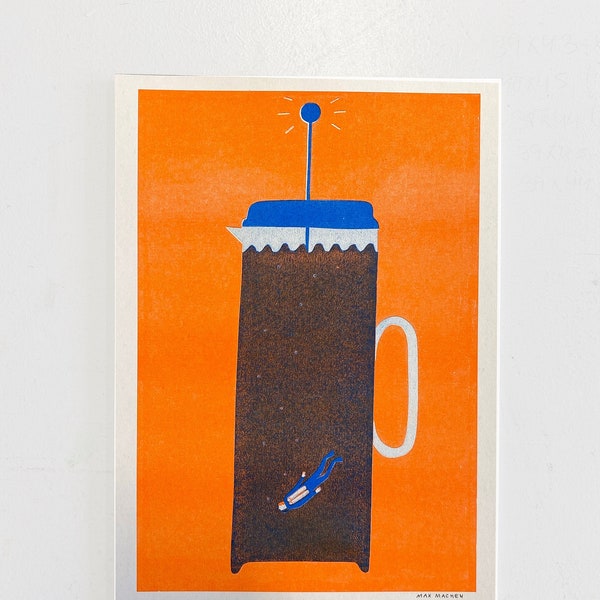 Risograph print of diver in coffee a4