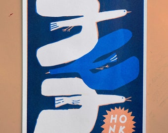 Honk Honk Flying goose riso print