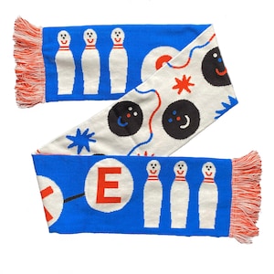 Strike! Illustrated two sided Bowling knitted scarf