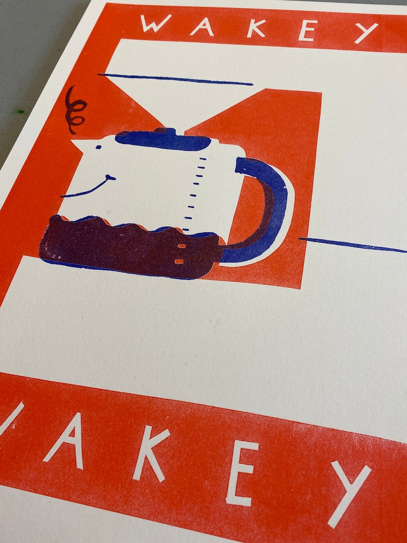 Wakey wakey A3 2 colour Coffee machine risograph print image 7