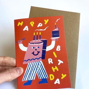 Happy Birthday cake card with a fun birthday cake eating a slice