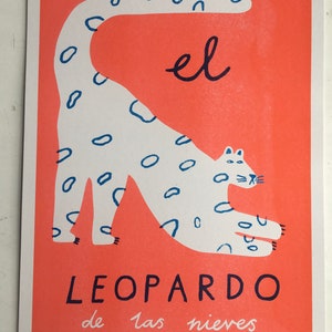 A3 2 colour Risograph printed poster of a snow leopard