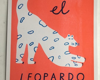 A3 2-farbiges Risograph gedrucktes Poster eines Schneeleoparden