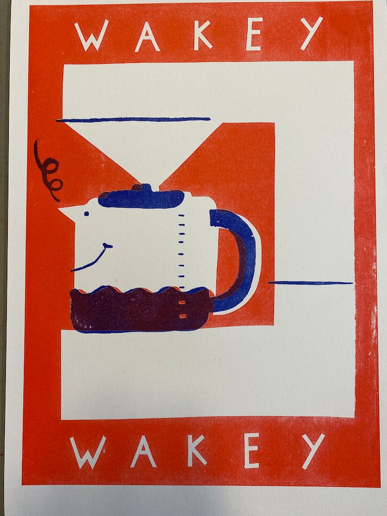 Wakey wakey A3 2 colour Coffee machine risograph print image 6