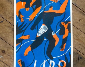 Lido swimmers A3 Riso printed poster