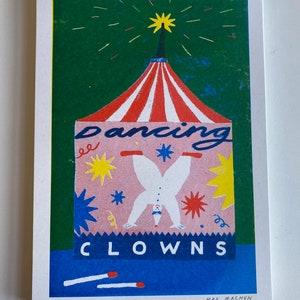 Small Dancing Clowns firework packaging riso print