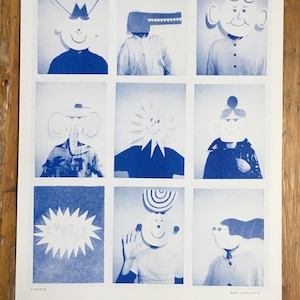 A3 cheese characters in masks risograph print on pink or white paper