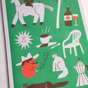 May include: A green illustration with a white horse, a person riding the horse, a palm tree, a bottle of wine, a glass of wine, a sun, a coffee cup, a chair, a man with a hat and a cigarette, a white cat, a black cat, and a coffee pot.