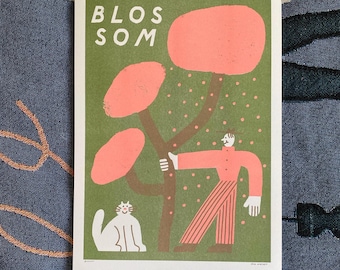 Man and cat shaking blossom 2 colour A3 riso printed poster