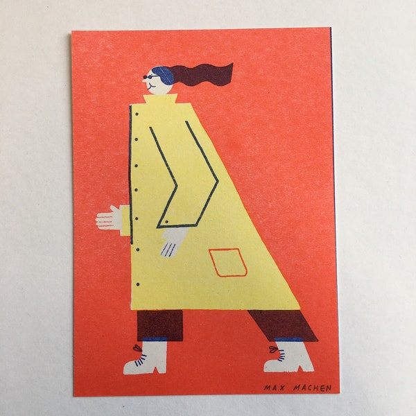 Small riso print of lady in the wind