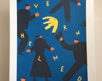 May include: A blue and yellow print with the words "Overwhelmed" spelled out in yellow letters. The print features several black figures in various poses.