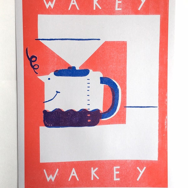 Wakey wakey! A3 2 colour Coffee machine risograph print