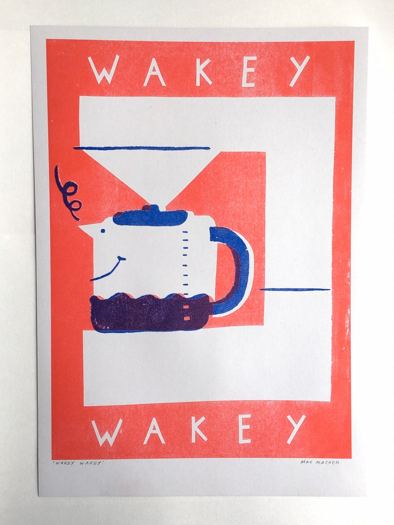 Wakey wakey A3 2 colour Coffee machine risograph print image 1