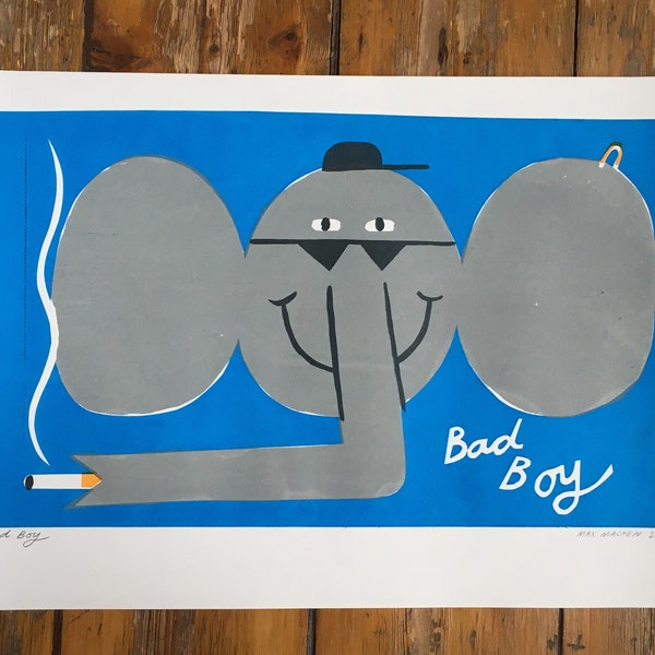 A3 Bad boy smoking Elephant 3 colour screen print