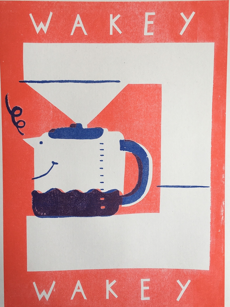 Wakey wakey A3 2 colour Coffee machine risograph print image 3