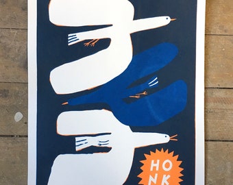 A3 Honk birds in flight original screen print