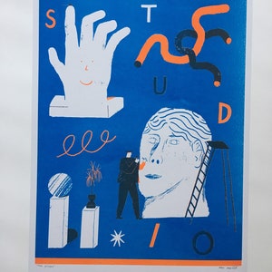 A3 2 colour risograph print of a sculptors studio