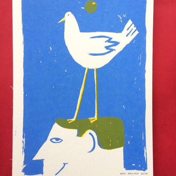 A4 2 colour screenprint of a seagull standing on a mans head