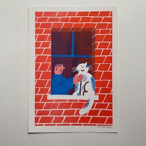 Man and his cat in their window A5 riso print