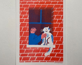 Man and his cat in their window A5 riso print