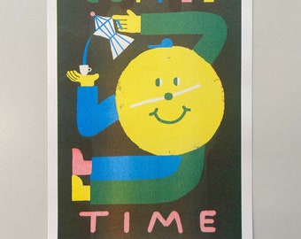 Coffee time! A3 Risograph print poster of a fun clock drinking coffee