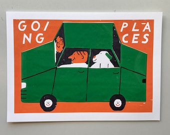 May include: A green car with a tiger, a dog, and a person inside. The car is on an orange background with the words "GOING PLACES" in white letters.