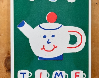 Tea Time - Fun Risograph print of a happy Teapot (A3 size)