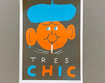 Tres Chic! A4 2 colour risograph print of a very chic fashionable fella