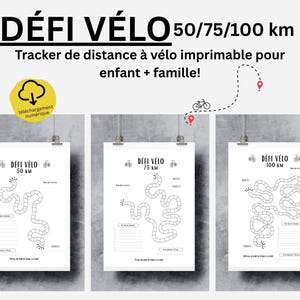 Peut inclure: Trois trackers de distance à vélo imprimables intitulés DÉFI VÉLO avec des objectifs de 50, 75 et 100 km. Chaque feuille blanche présente un chemin sinueux de cases à cocher, des icônes de vélo et des lignes pour noter les progrès.