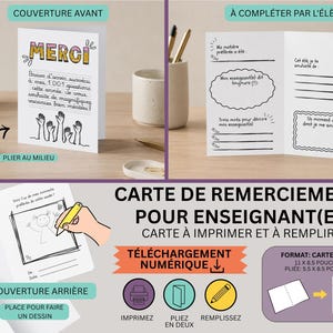 May include: A printable bifold thank you card for teachers featuring the text MERCI on the front cover, with interior sections for students to fill out including prompts about their favorite subject, teacher quotes, and a space for a drawing.