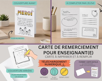 Activité Carte Merci Prof, Souvenir d’Année Scolaire à Imprimer, Enseignant Enfant, PDF à personnaliser Professeur, Français, tarjeta de profesor