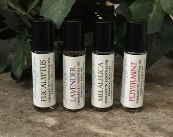 Personal Essential Oil Roll-On Blends (Eucalyptus,Lavender,Melaleuca and Peppermint) Set of 4 roll-ons 10mL