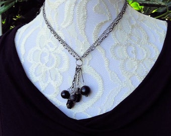 Black Beaded Pendant Necklace, Gunmetal Chain, Layered Fashion Jewelry