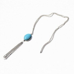 Turquoise Chain Tassel Necklace, Silver Tassel Necklace, Turquoise Pendant, Long Necklace, Boho Necklace, Handmade Necklace, Fashion Jewelry