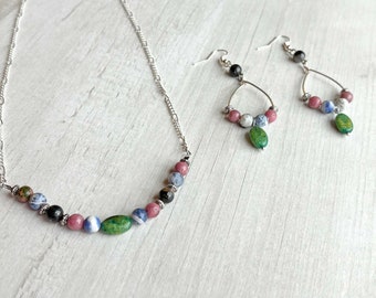 Fancy Jasper Necklace and Dangle Earrings Set, Nickel Free