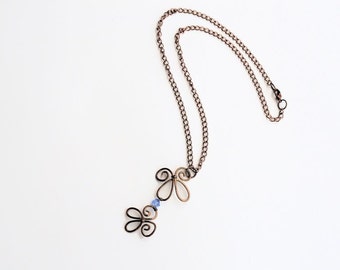 Copper Butterfly Necklace, Wire Wrapped with Swarovski Crystal