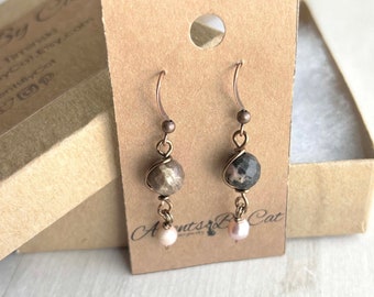 Rhodonite Dangle Earrings, Wire Wrapped Earrings,  Antique Brass, Copper Earrings, Gift for Her, Handmade Jewelry, Fashion Jewelry, Healing