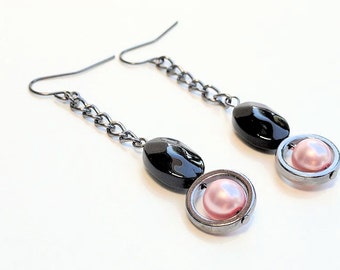 Pink and Black Dangle Earrings, Handmade Earrings, Dangling Earrings, Gift for Her, Nickel Free Earrings, Chain Earrings, Fashion Jewelry