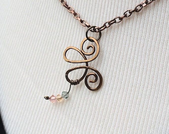 Handmade Copper Butterfly Necklace, Wire Wrapped Pendant with Swarovski Crystals