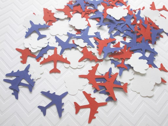 Airplane Confetti, Red Blue Airplane & Cloud Cutouts, Party Decoration, Table Confetti, 100 Ct. Il_570xn