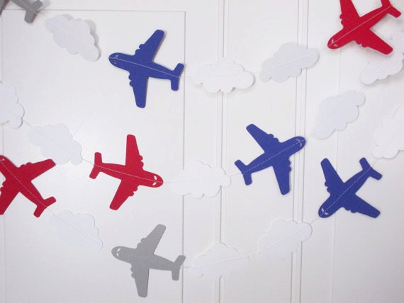 Airplane Garland, Airplane & Cloud Party Decoration, Red Blue Gray Airplane Garland, 10 Ft., Ships in 2-3 Business Days Il_570xn