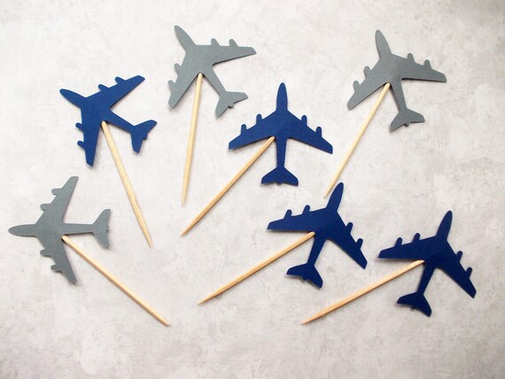 Airplane Party Picks, Navy Blue & Gray Airplane Cupcake Toppers, Plane, Birthday Party, Party Decoration, 12 Ct. Il_570xn