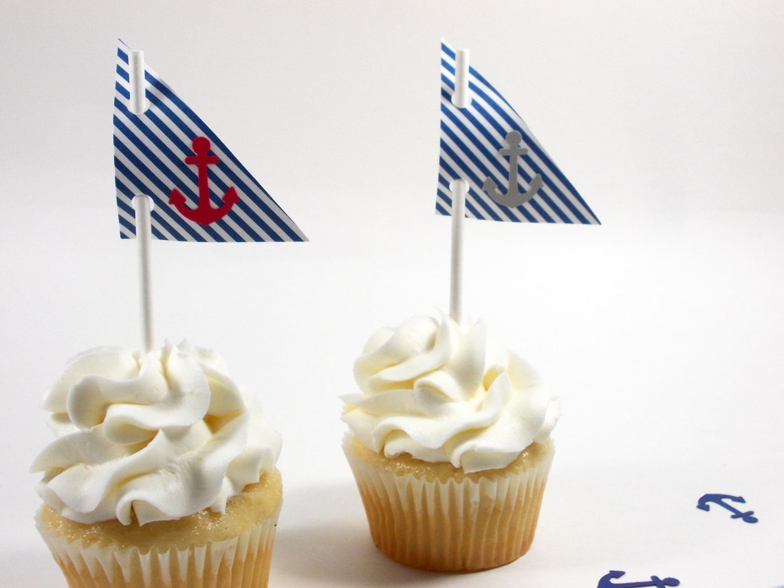 Nautical Cupcake Toppers Navy Sail with Anchor Party Picks Etsy