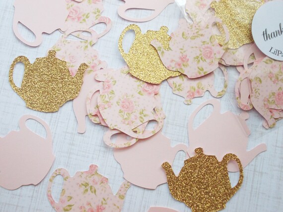 Tea Party Decoration, Glitter Gold & Blush Pink Floral Teapot Confetti, Table Confetti 75 CT. Il_570xn