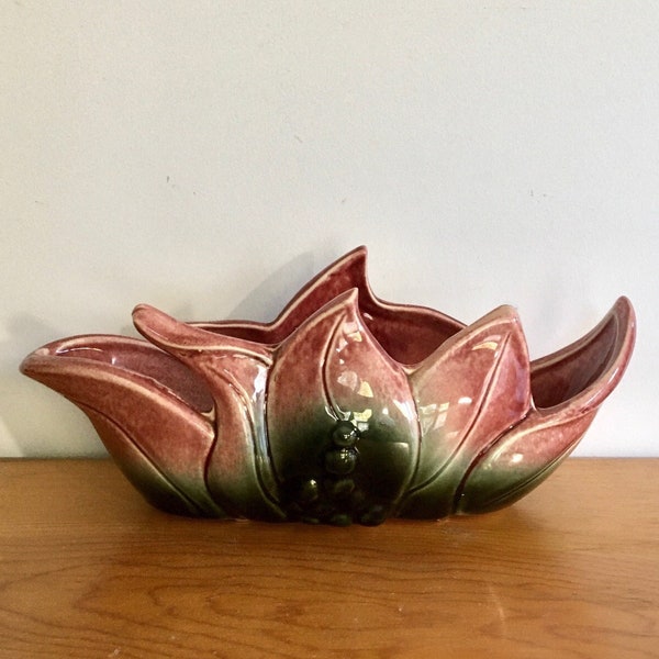 Funky Ceramic Mid Century Lotus Leaf Planter.  Stylized Petals/Leaves/Berries